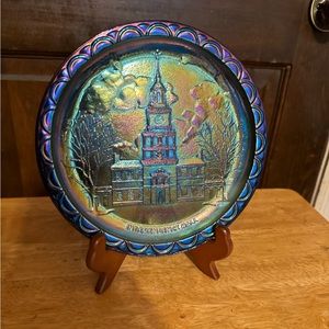 8 inch Independence Hall Vintage Rainbow Stained Glass Plate with Wooden Stand